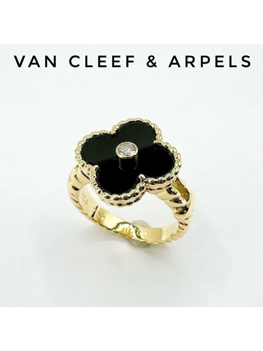 Van Cleef & Arpels Vintage Alhambra Onyx Diamond Yellow Gold Ring